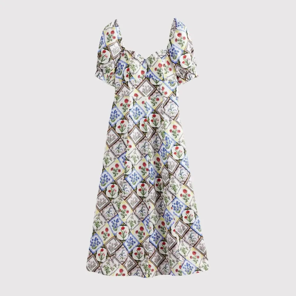 Boden Midi Dress Blue Sweetheart Linen Floral Patchwork Puff Sleeve Boho 20/22